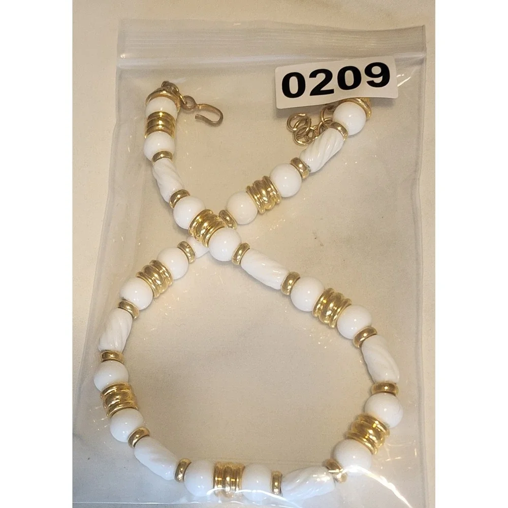 Vintage Monet White Lucite and Gold Tone Beaded Collar Necklace Adjustable Hook